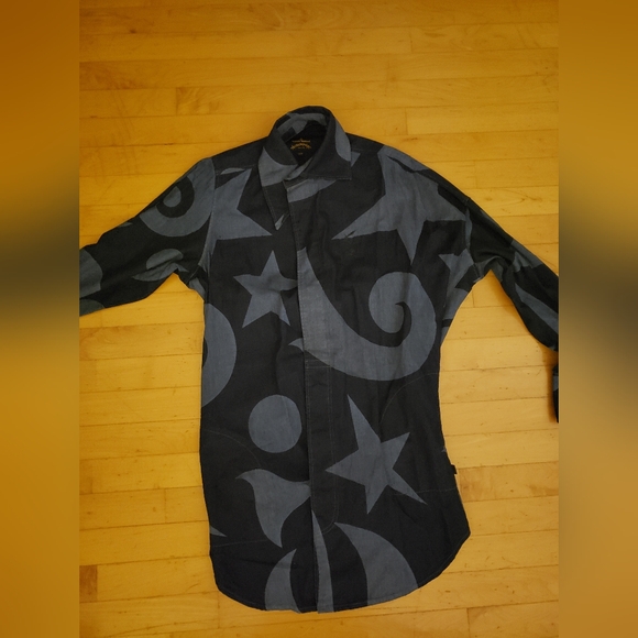 True vintage Vivienne Westwood indigo blue graphic back ruffles pocket shirt XS